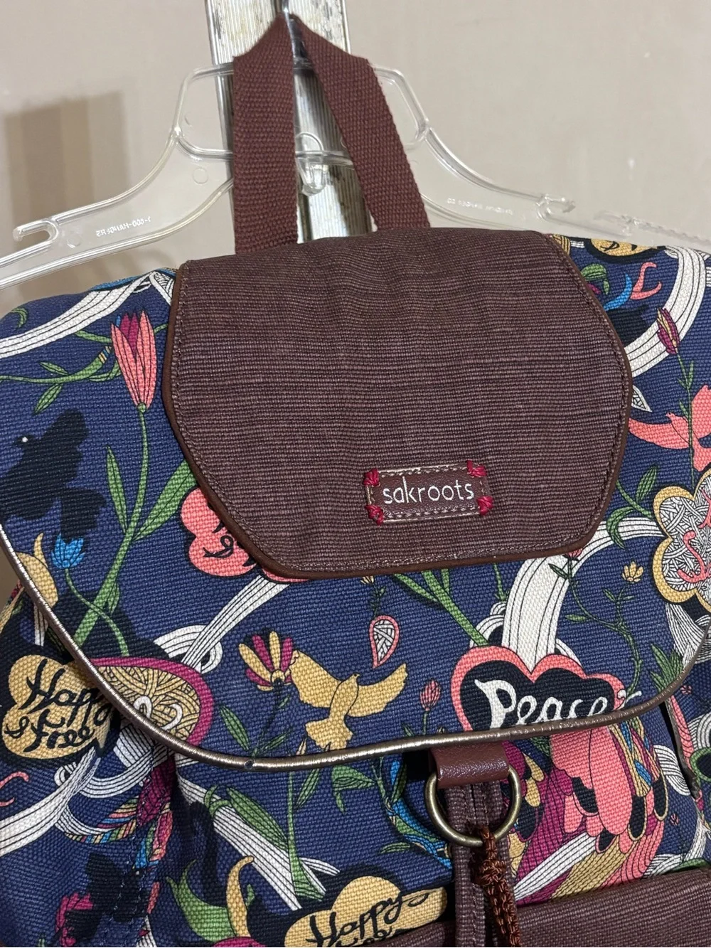 Sakroots Artist Circle Peace Canvas Flap Drawstring Backpack Boho Hippie Blue
